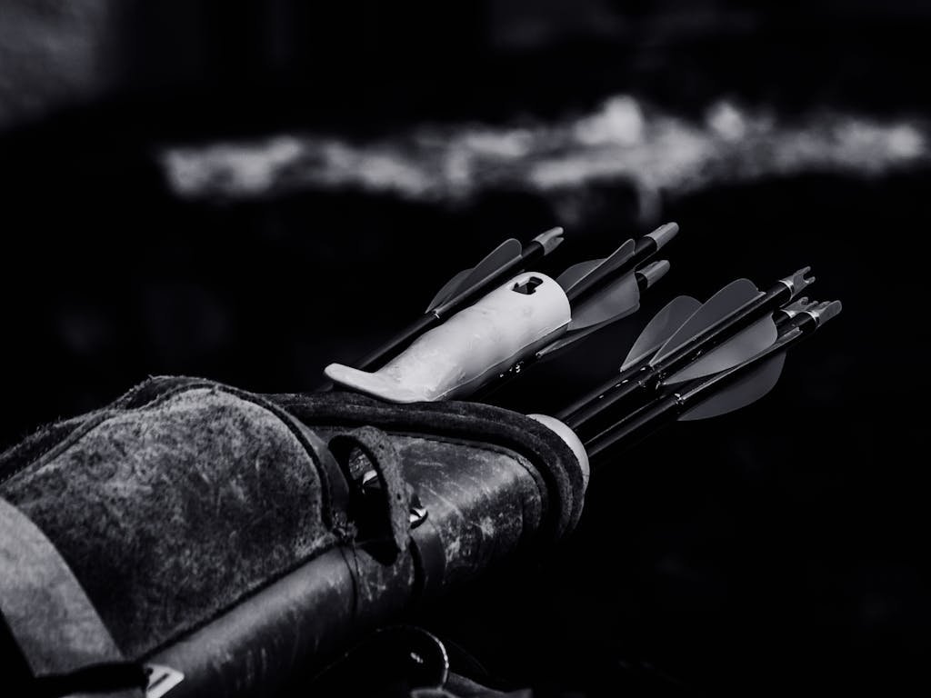 Dramatic black and white photo of arrows in quiver highlighting archery equipment.