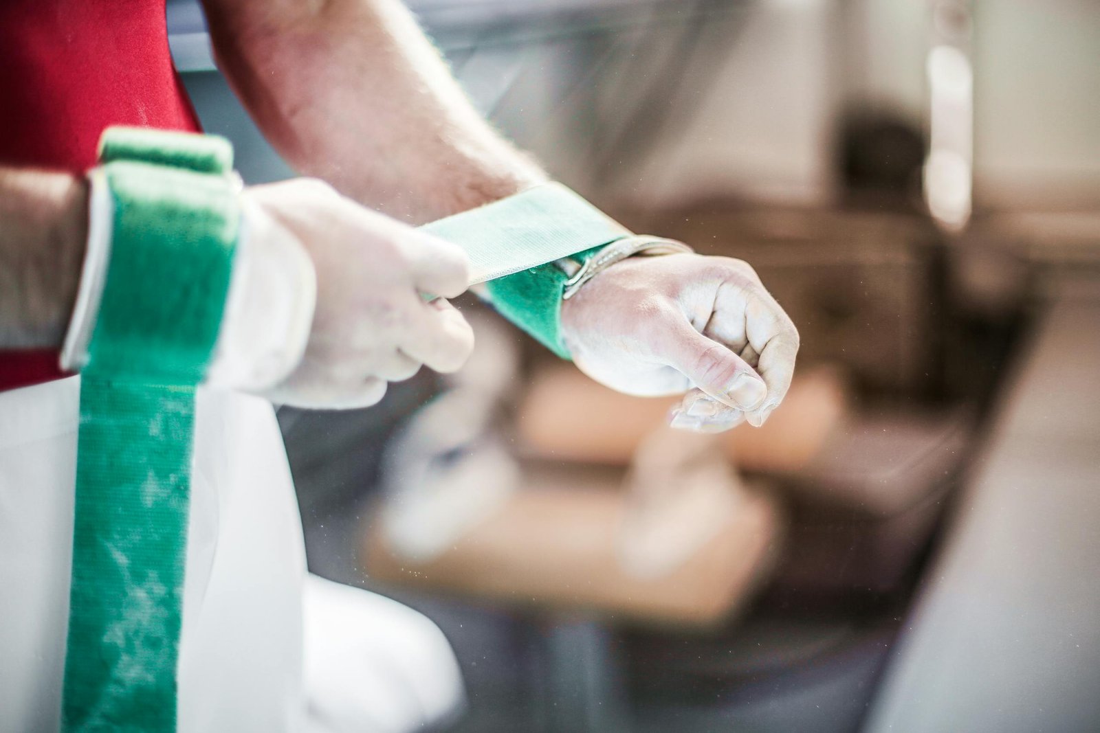 Athlete wrapping green straps around wrists in gym setting.