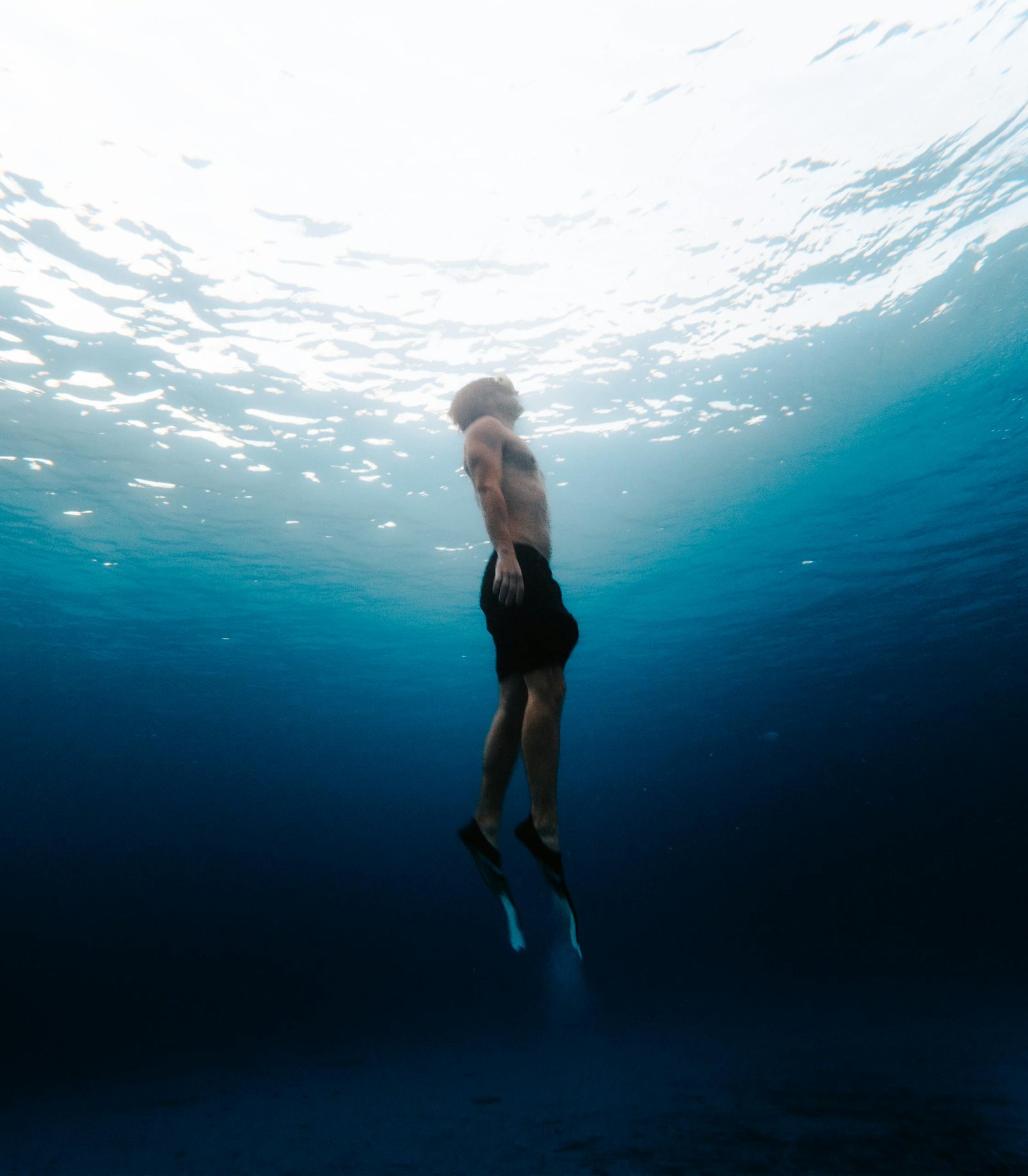 A man snorkeling underwater in the ocean, captured in a vertical shot, showcasing marine exploration.