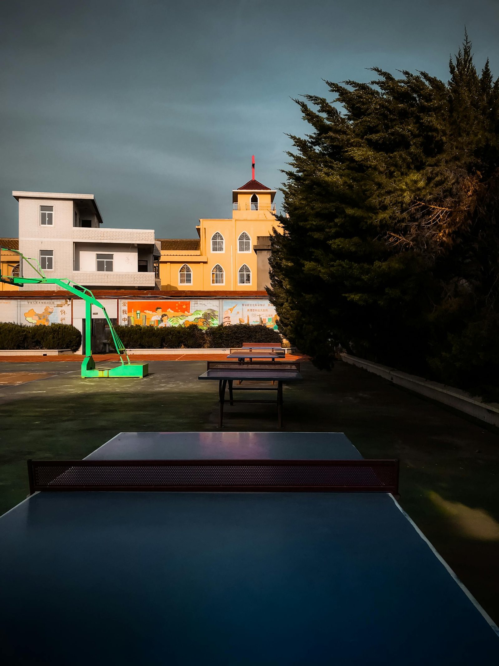 A vibrant outdoor table tennis setup with colorful buildings and lush greenery providing a lively atmosphere.